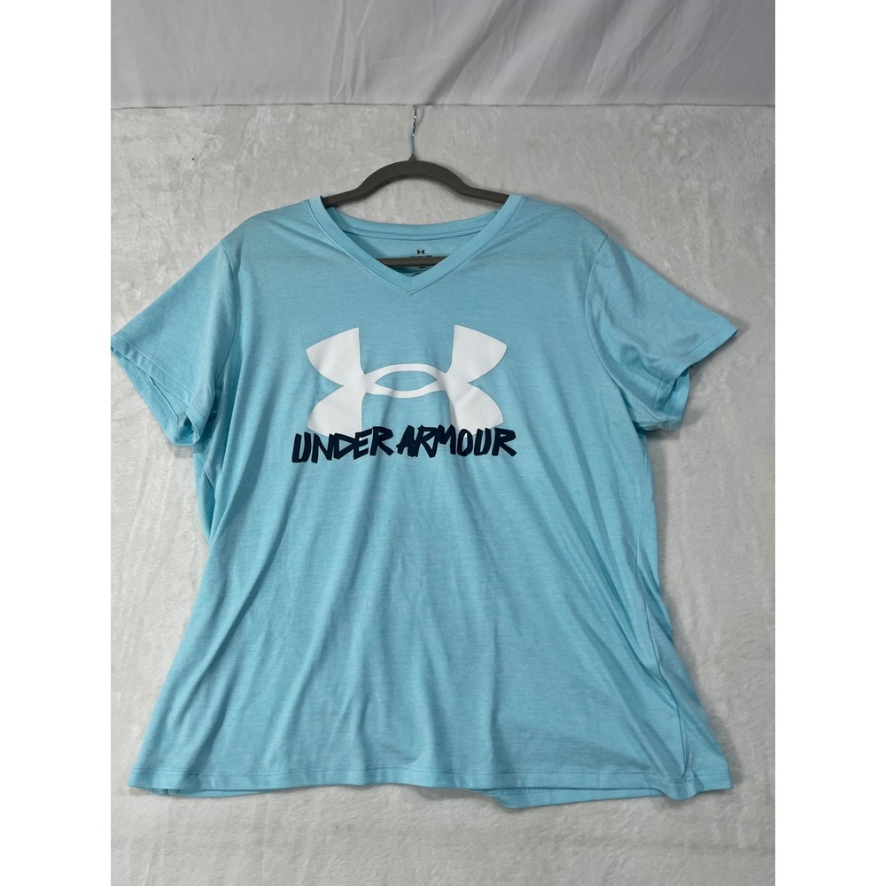 Under Armour Womens XL Blue Heather V-Neck Graphic Logo T-Shirt Loose Fit